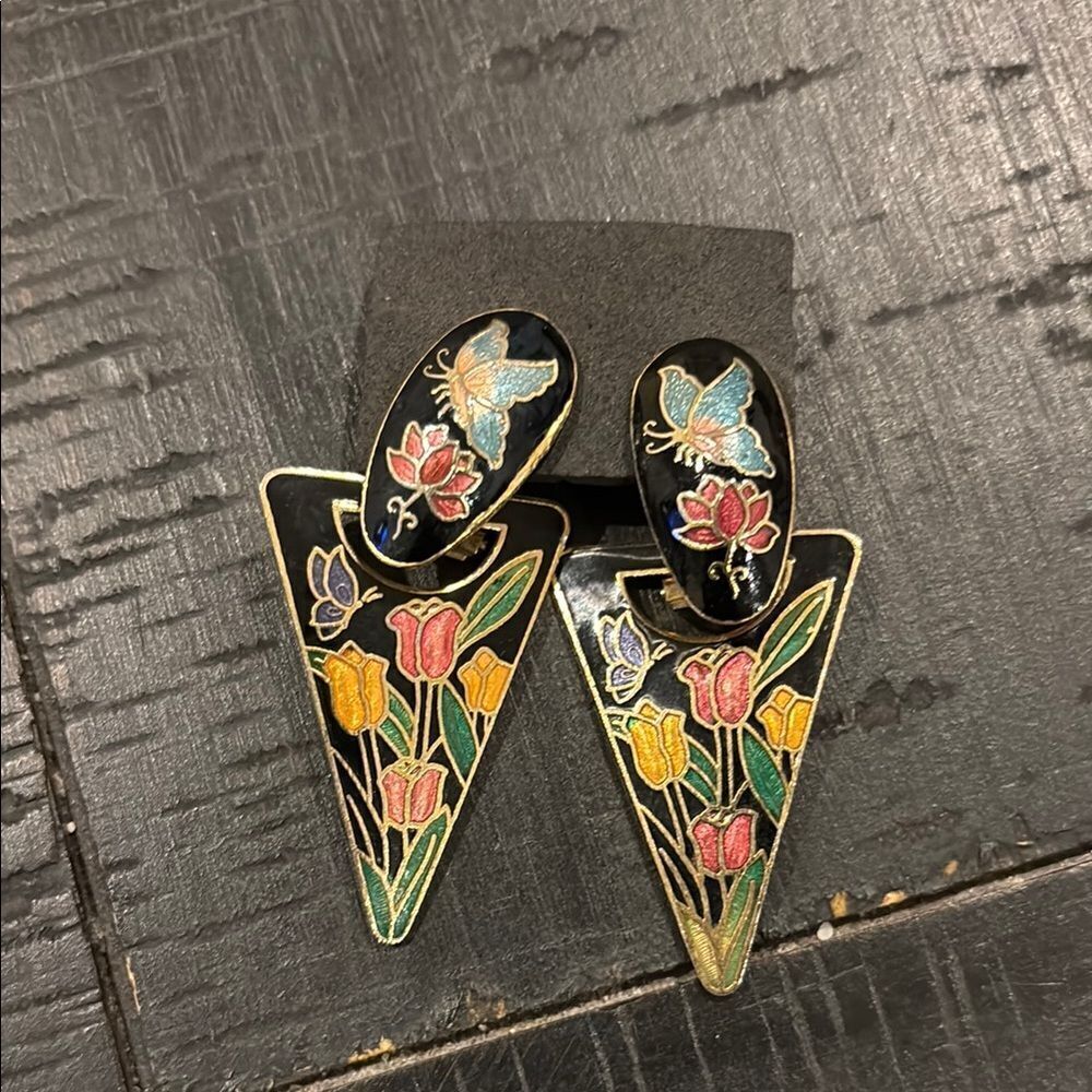 Vintage Retro Floral Tulips Enamel Earrings with Butterfly Design Dangle​